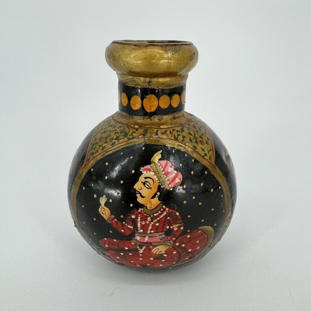 Antique Indian Mughal Hand Painted Hammered Metal Vase Bottle Boho‎ Decor 6"